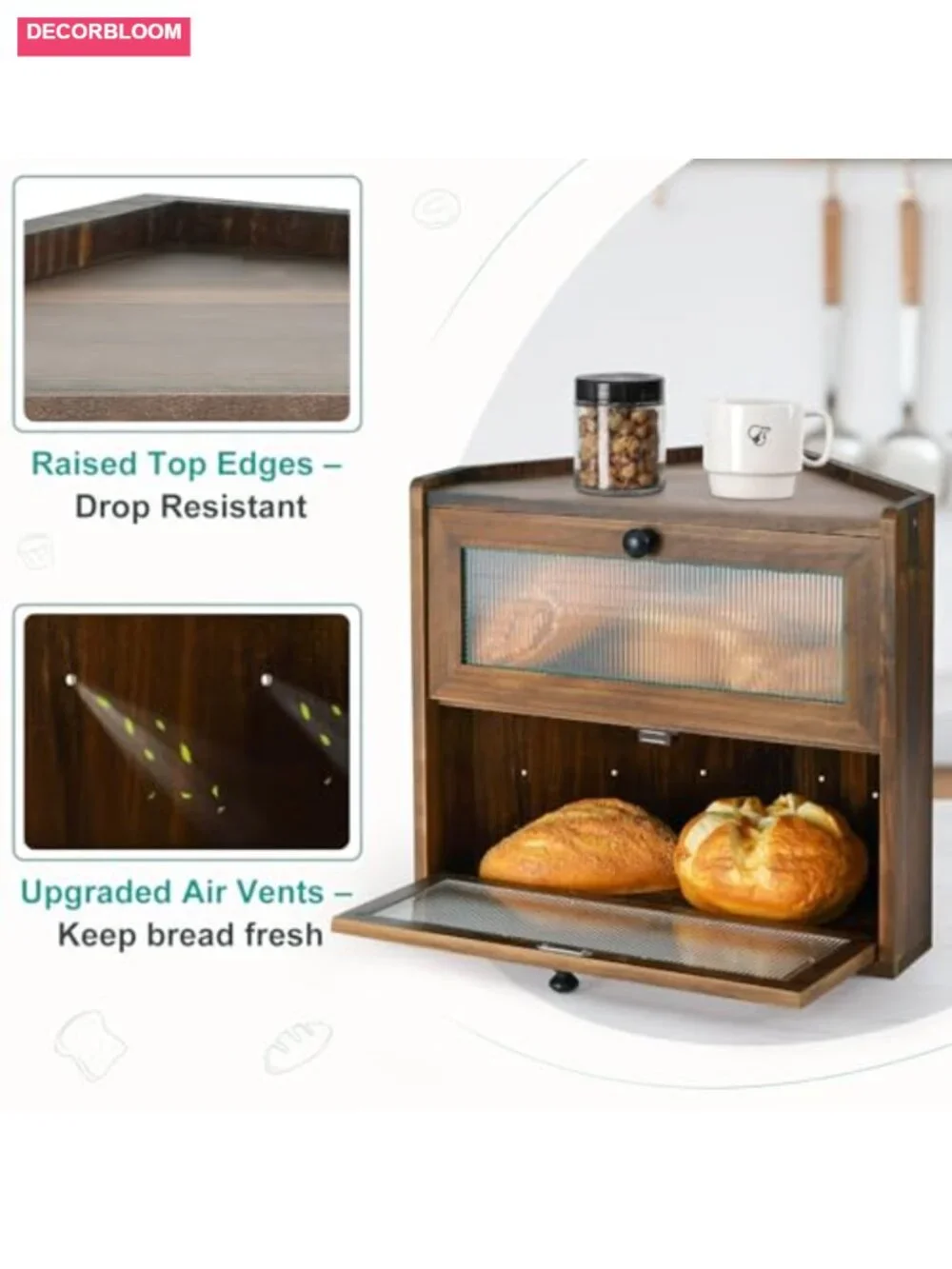 Large 2-Tier Wooden Bread Box with Acrylic Window for Kitchen Countertop Corner